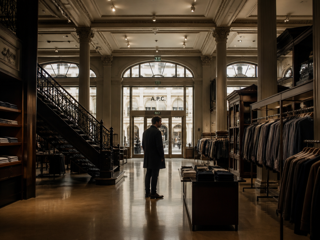 A photorealistic wide shot of the interior of a European retail store with elegant…