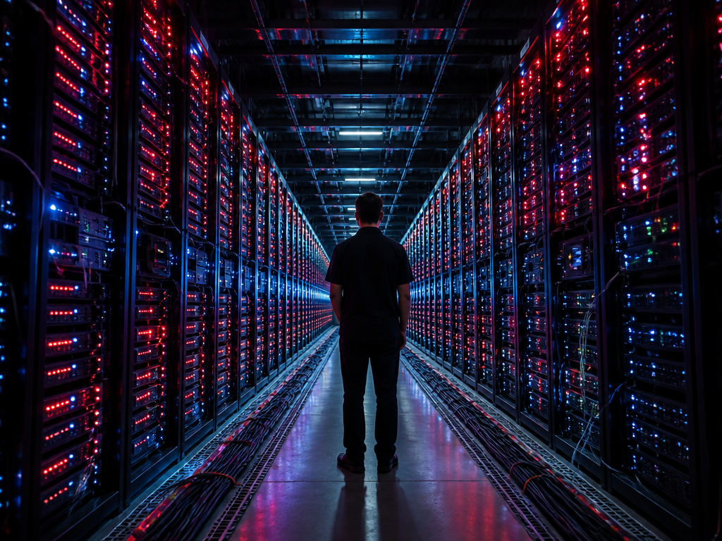 A sprawling data center corridor bathed in rows of red and blue LED indicator…