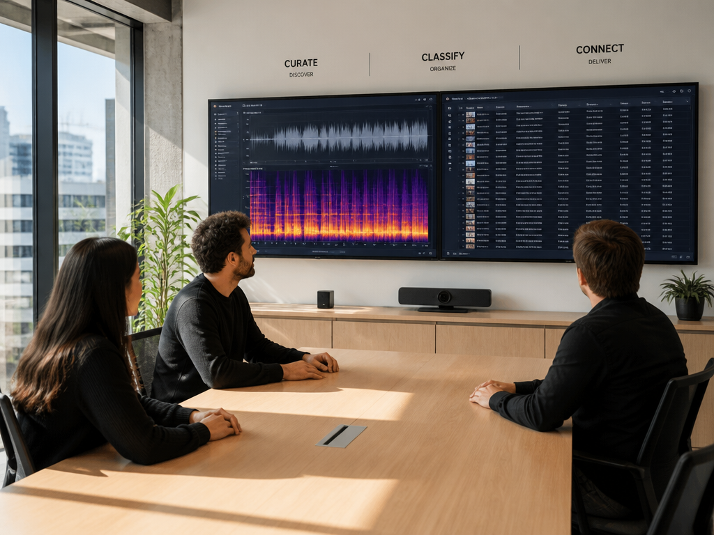 A wide editorial photograph of a music curation team working in a bright, minimalist…