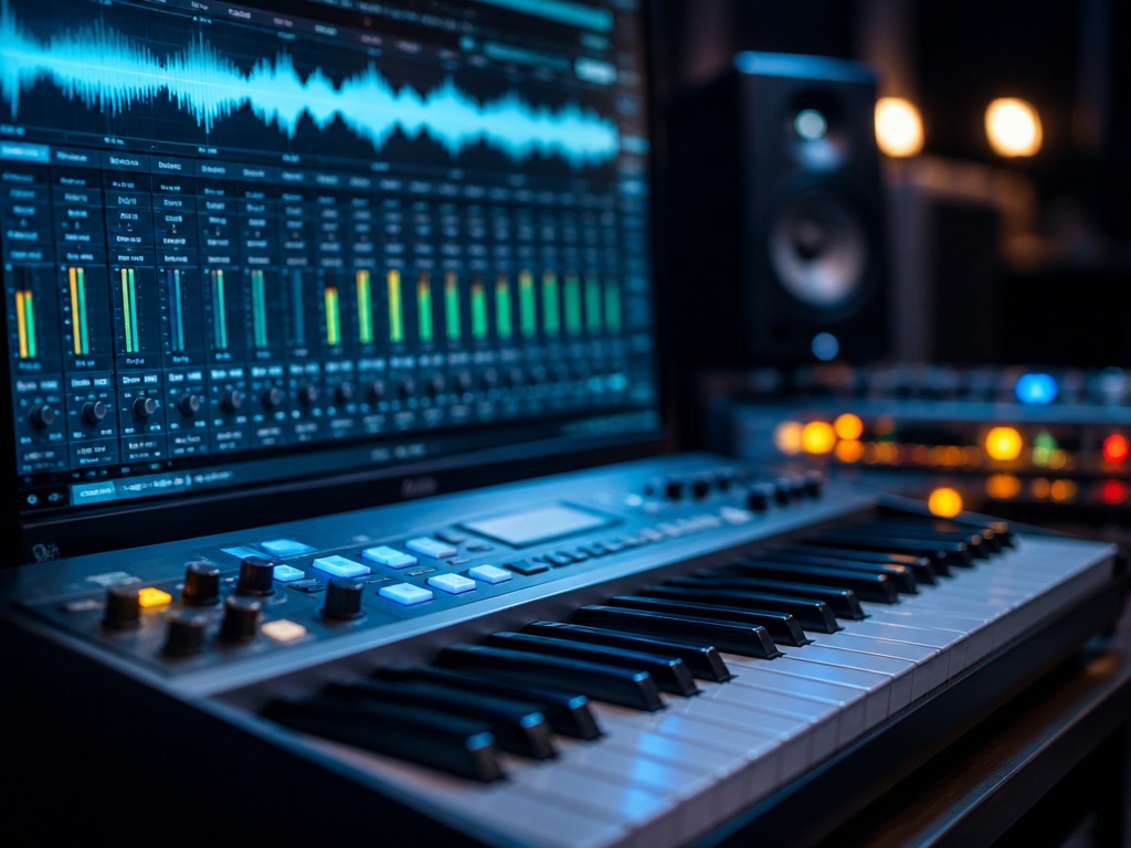 A close-up macro photograph of a modern music production workstation in a dimly lit…