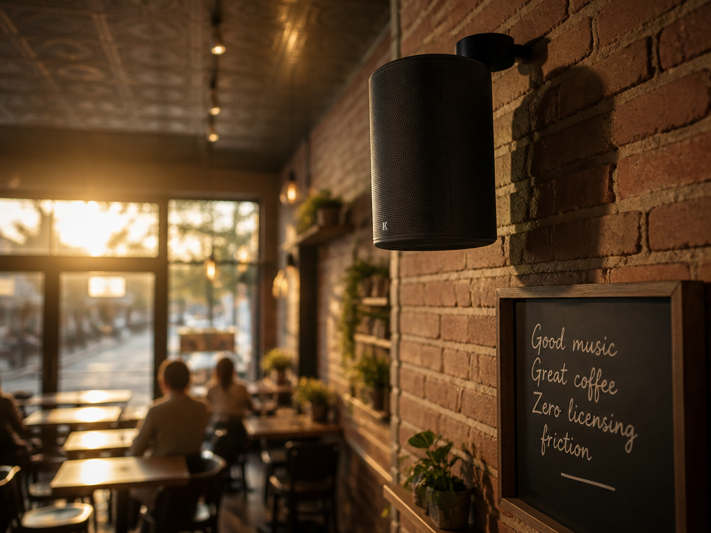 A cozy independent coffee shop interior shot in warm golden-hour light streaming through large…