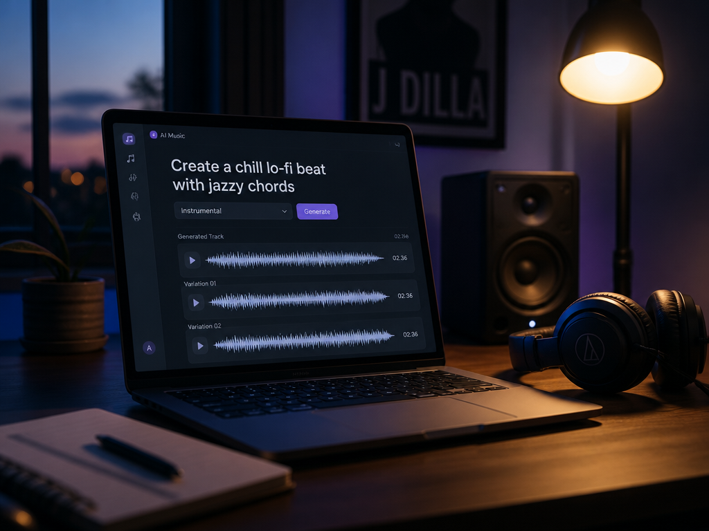 A minimalist home studio desk at dusk, a laptop screen glowing with a clean…