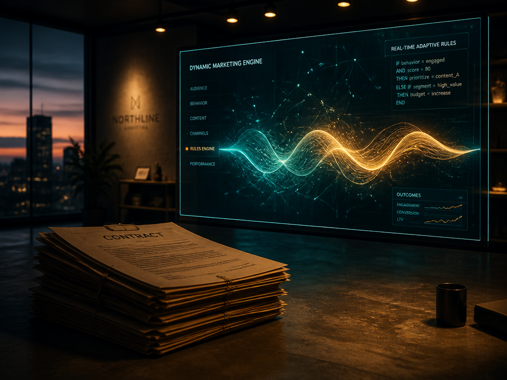 A wide, atmospheric photograph of a sleek modern marketing studio at dusk, where a…