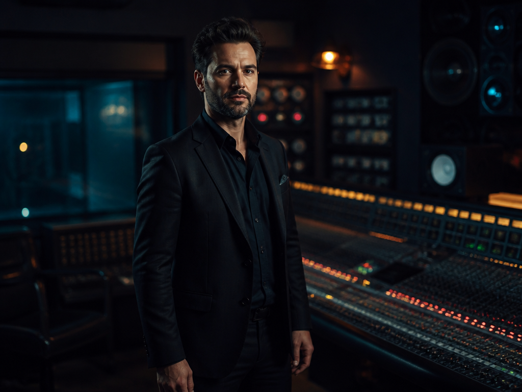 A wide environmental portrait of a well-dressed music executive standing confidently in a dim…
