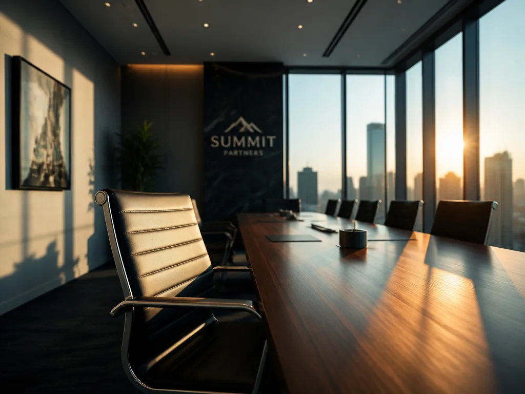 A sleek modern corporate boardroom photographed at golden hour, low afternoon sunlight streaming through…