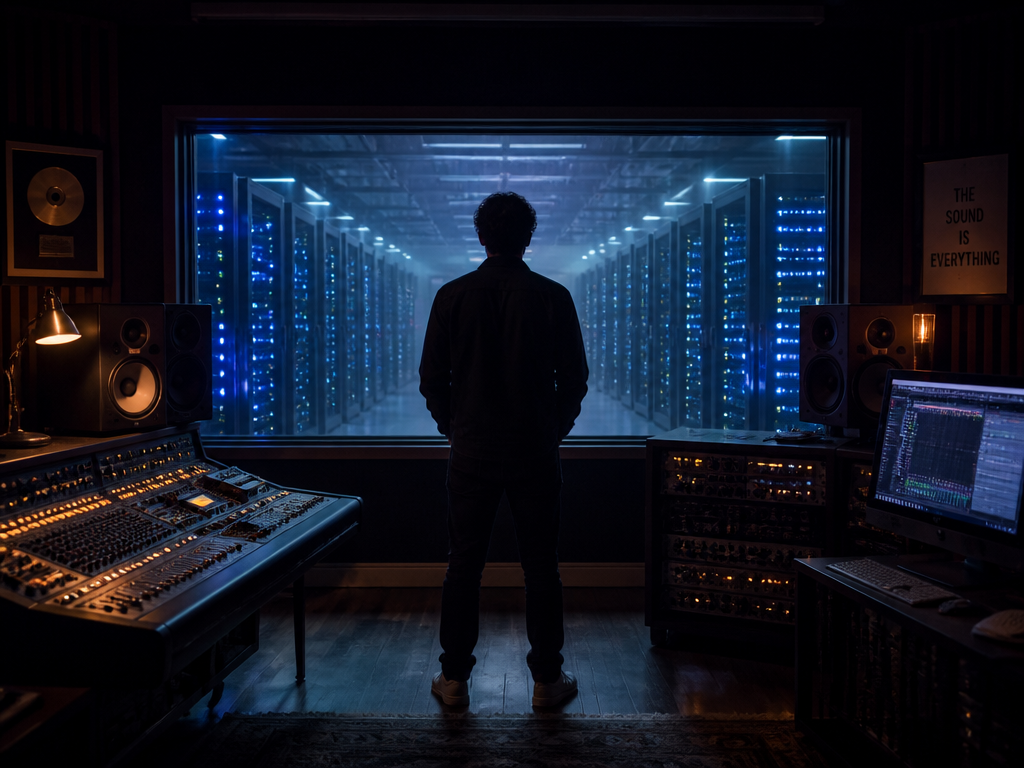 A wide, atmospheric photograph of a lone audio engineer standing in a dimly lit…