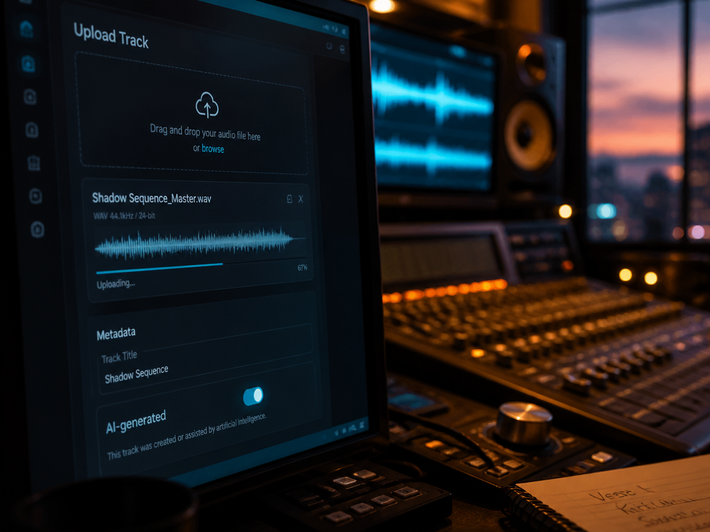 A close-up photograph of a modern music production studio at dusk, focused on a…