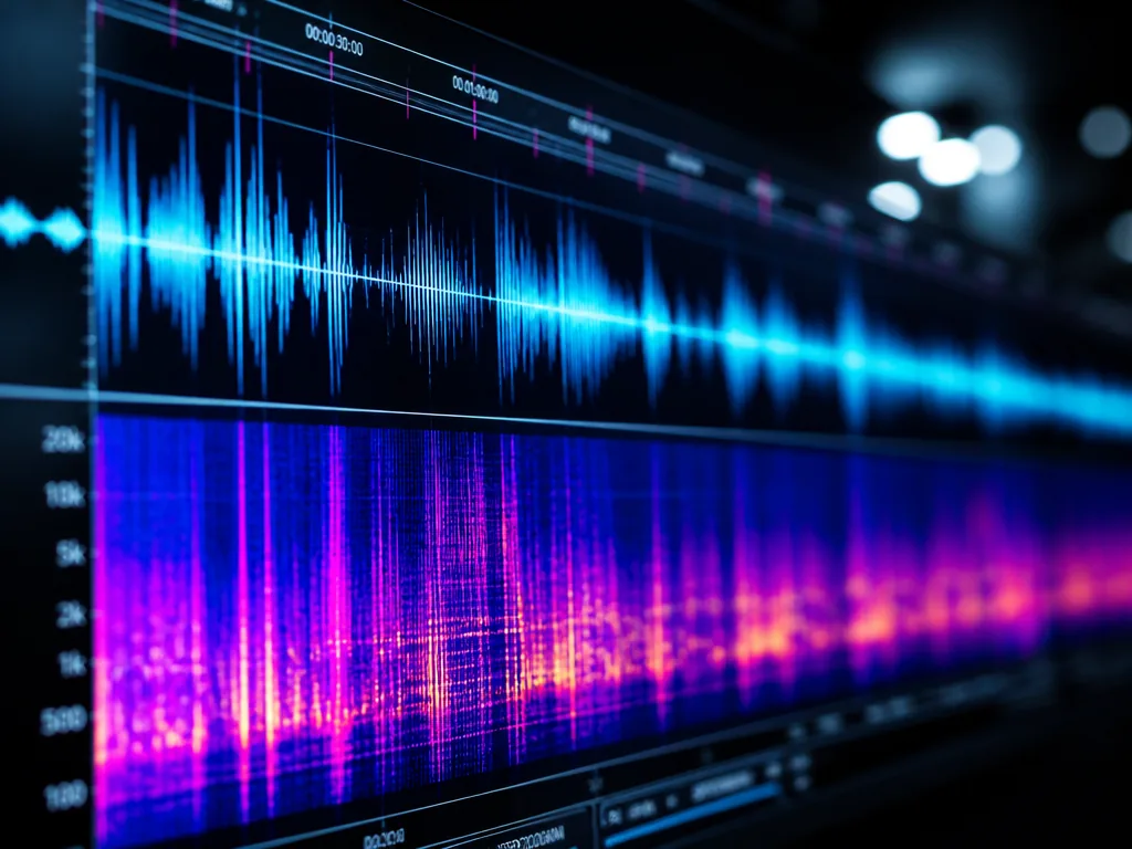 An extreme close-up macro photograph of a vibrant audio waveform and spectrogram glowing on…