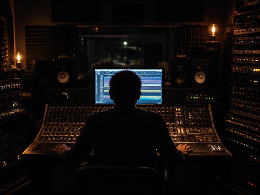 A dimly lit home recording studio at night, shot on a full-frame camera with…