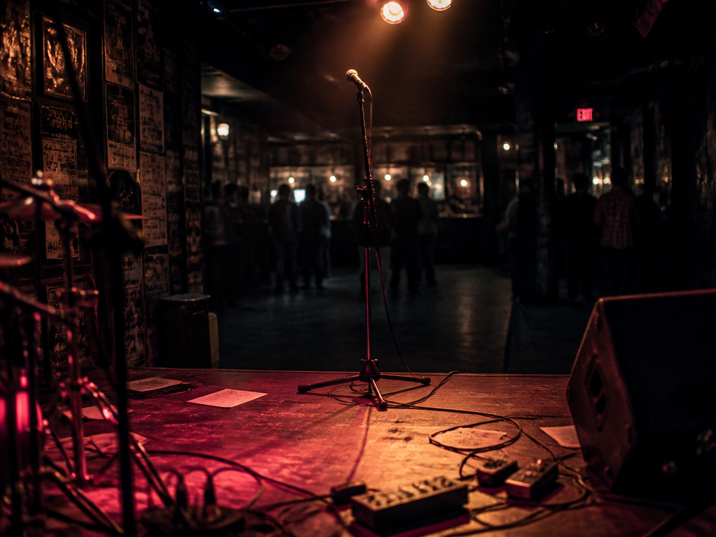 A small dimly lit music venue interior at night, roughly 120-capacity room with a…