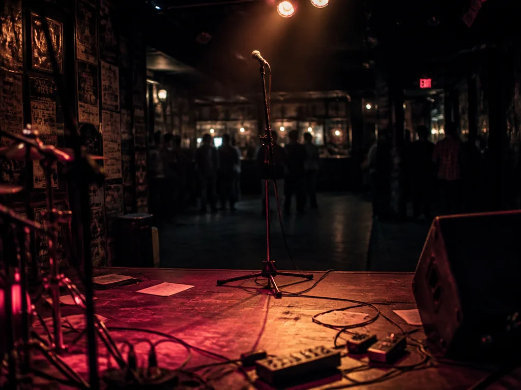 A small dimly lit music venue interior at night, roughly 120-capacity room with a…