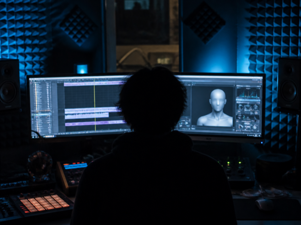 A lone music producer seen from behind in a shadowy home studio at night…