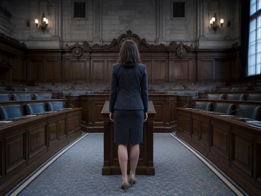A wide, atmospheric photograph of a dim parliamentary committee room, rows of empty polished…