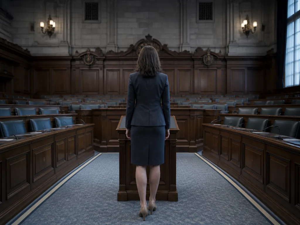 A wide, atmospheric photograph of a dim parliamentary committee room, rows of empty polished…