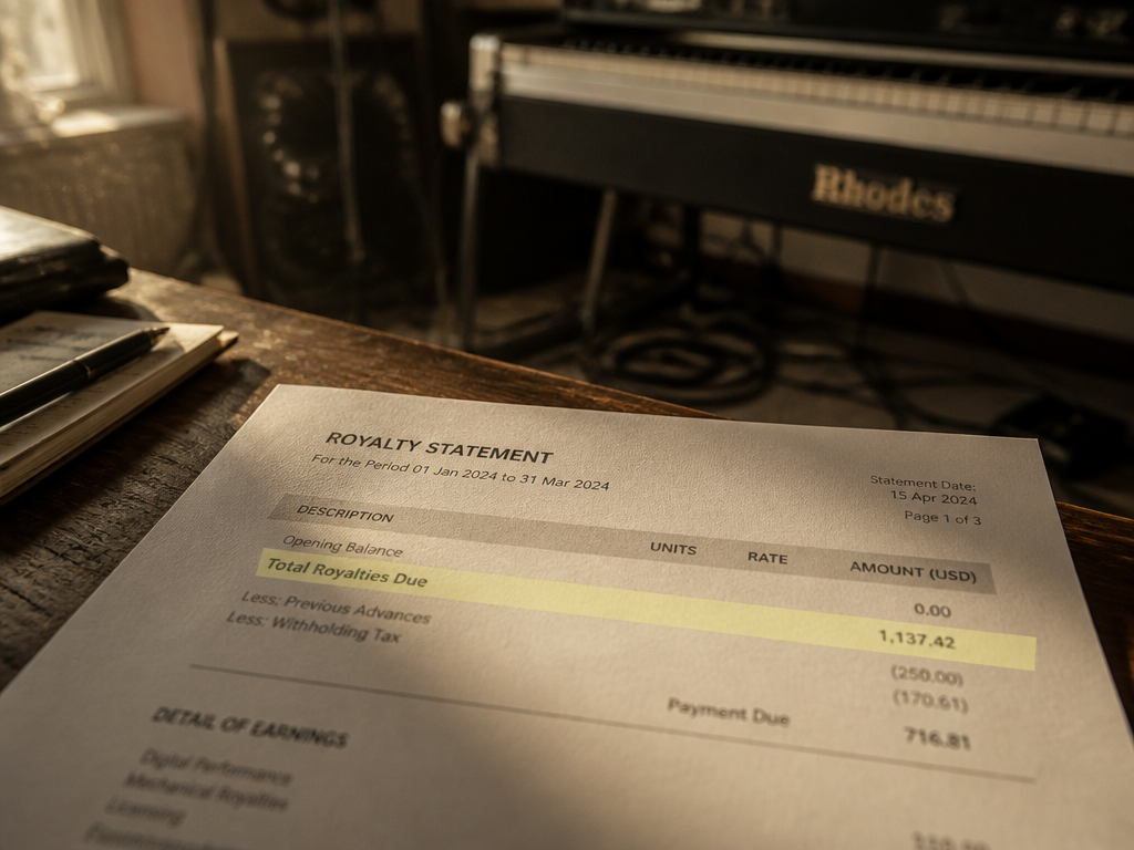 A close-up, editorial-style photograph of a printed royalty statement resting on a worn wooden…