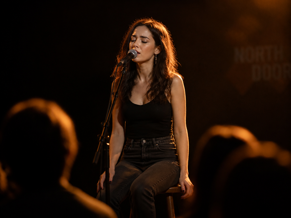 A young female singer-songwriter alone on a dimly lit indie stage, seated on a…