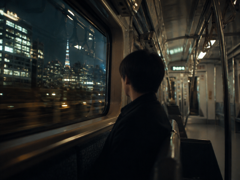 A commuter's point of view inside a quiet Seoul subway car at night, city…