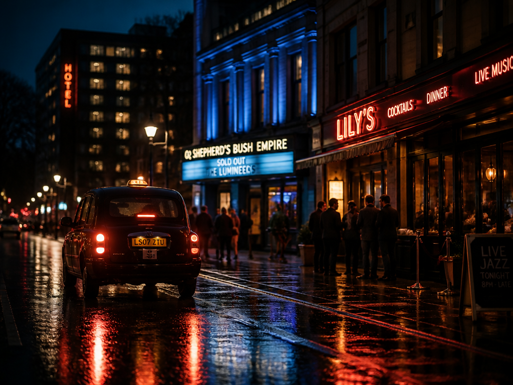A quiet late-night city street outside a concert venue after a show, glowing hotel…