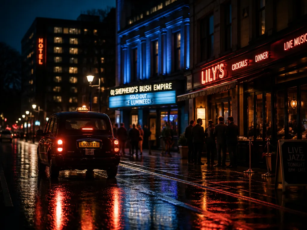 A quiet late-night city street outside a concert venue after a show, glowing hotel…
