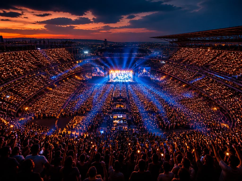 A vast sold-out stadium concert at dusk, tens of thousands of fans as tiny…