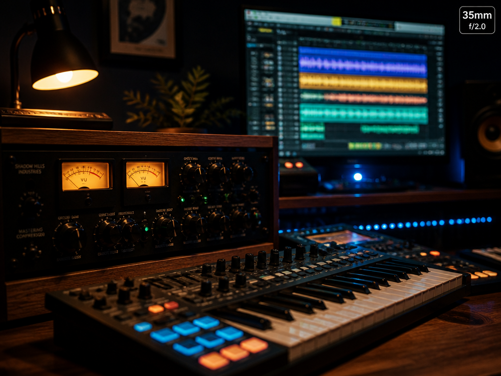 A dimly lit professional music production studio at night, shot with a 35mm lens…