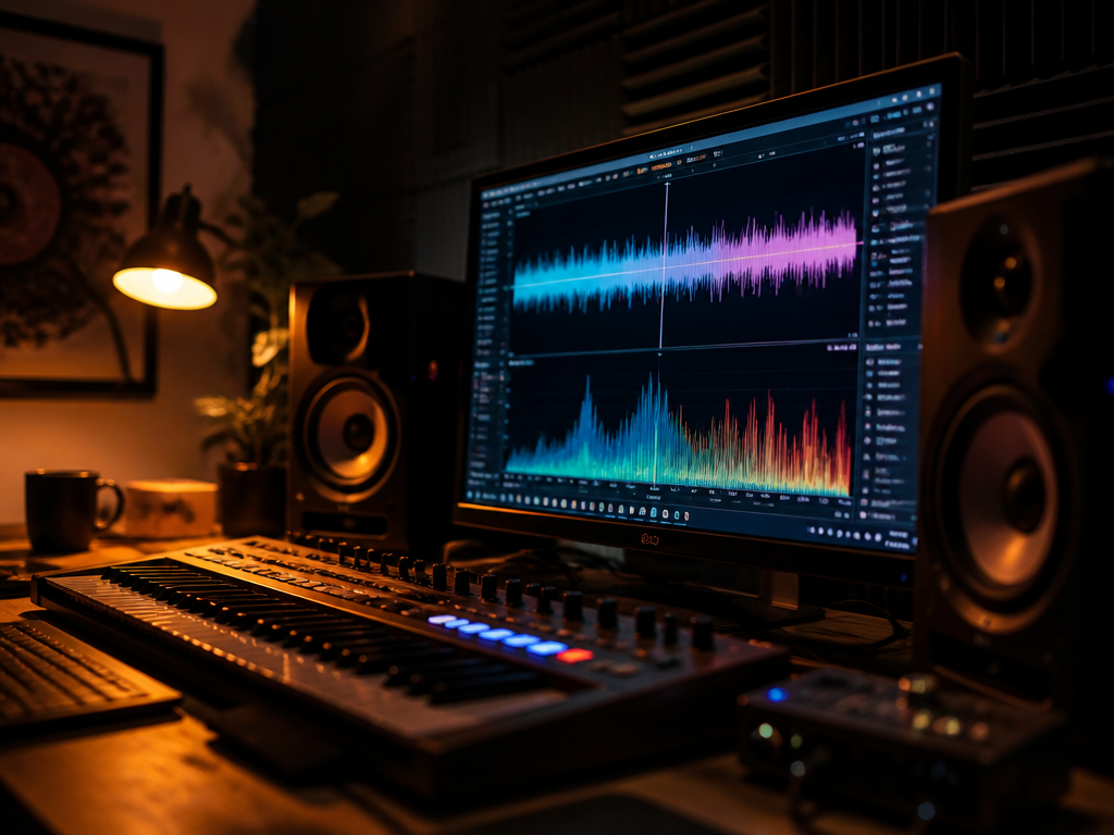 A dimly lit home music studio at night, shot on a full-frame camera with…