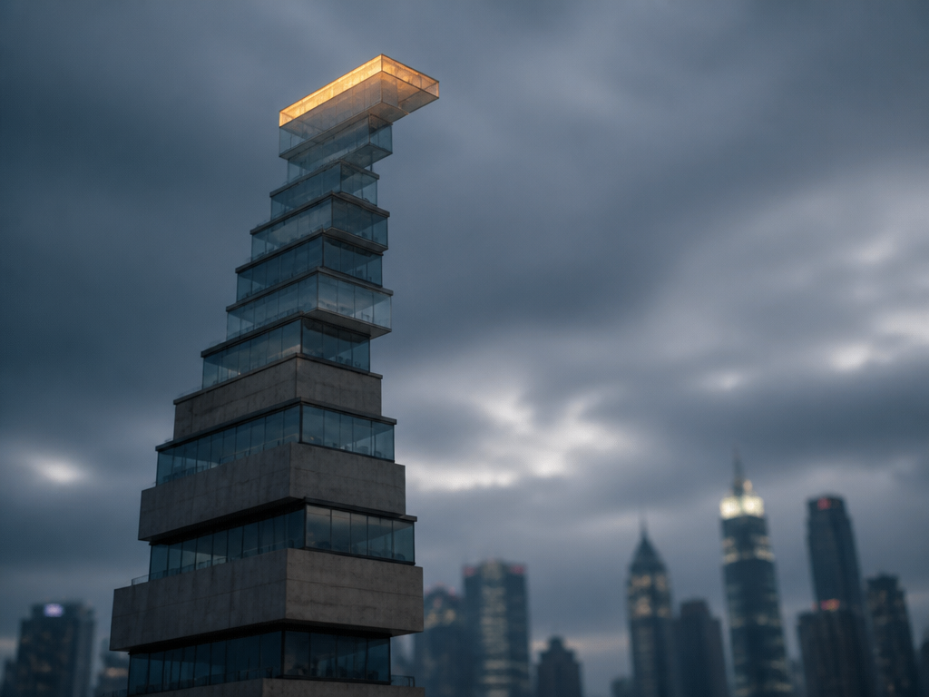 A dramatic architectural photograph of a precarious tower of stacked glass and concrete blocks…