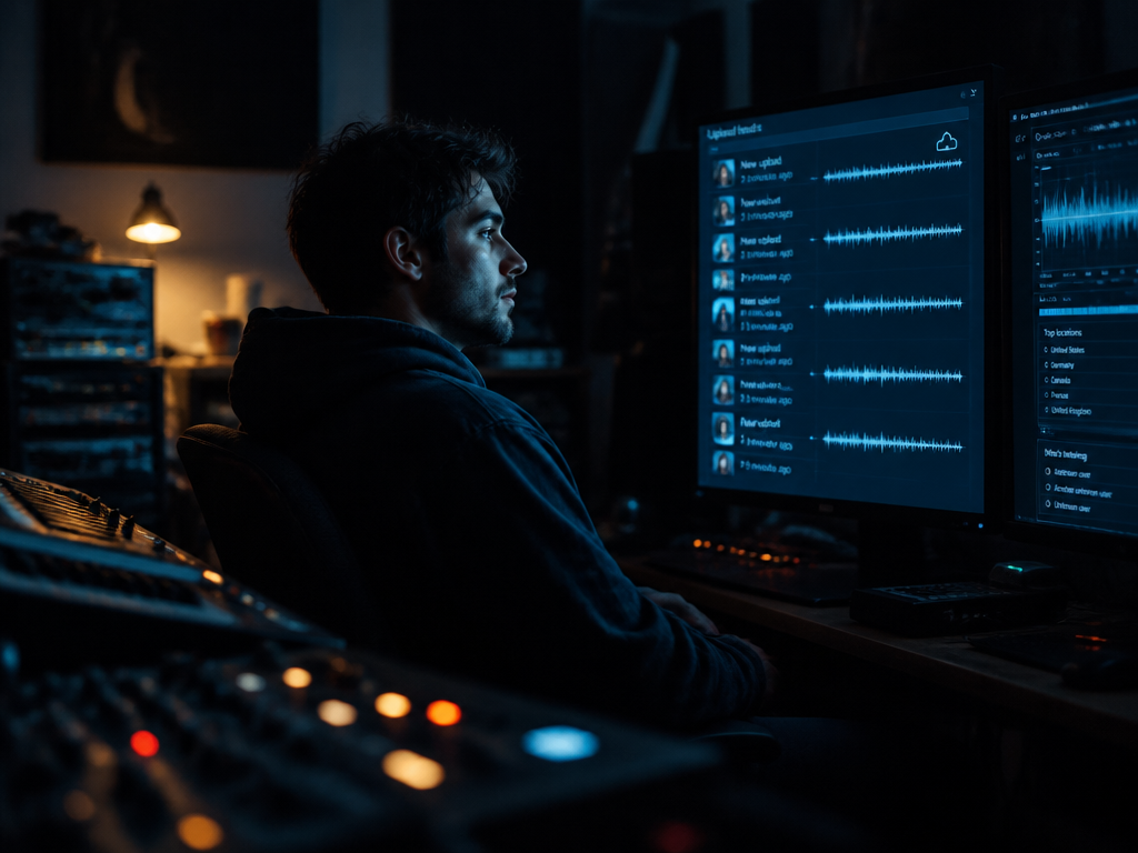 A moody, photorealistic editorial portrait of a lone music producer sitting in a dimly…