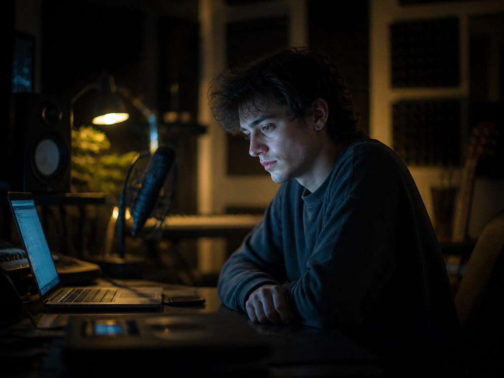 A solitary young independent musician sitting alone in a dimly lit home studio at…