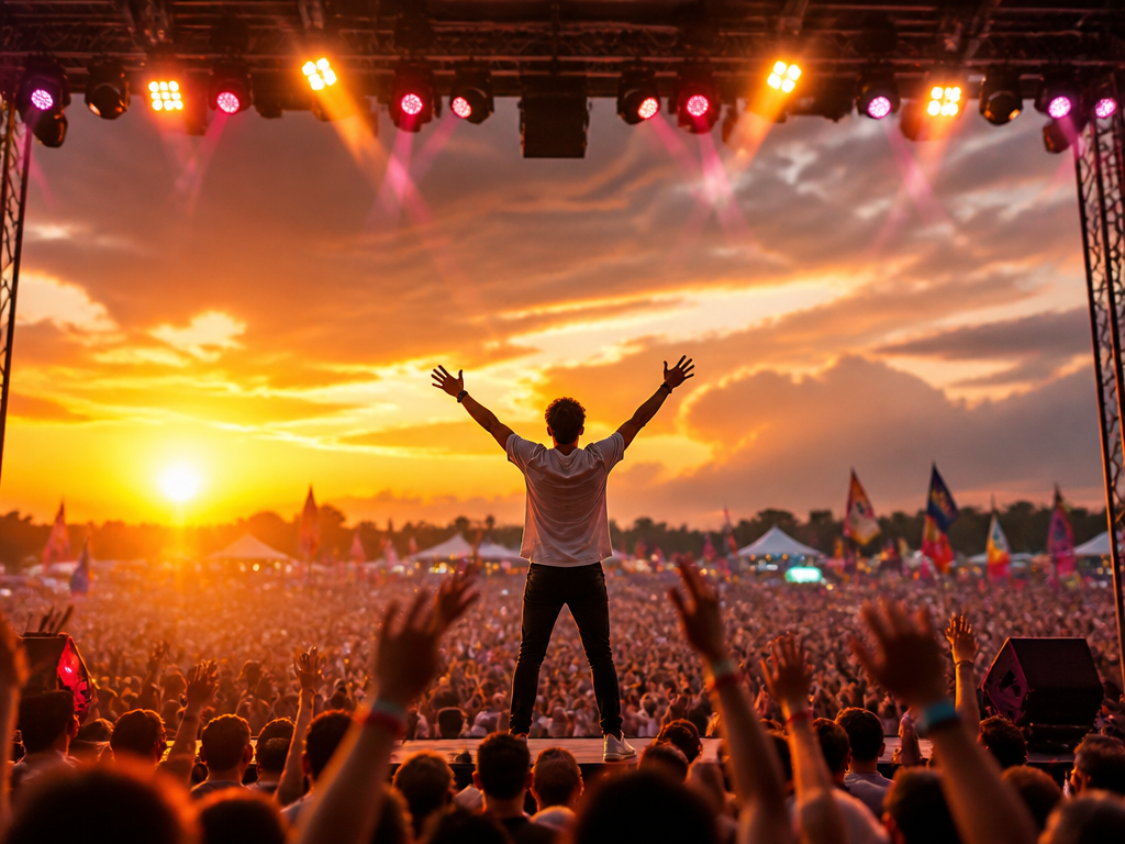 A vibrant international outdoor music festival stage at golden hour, a performer standing center…