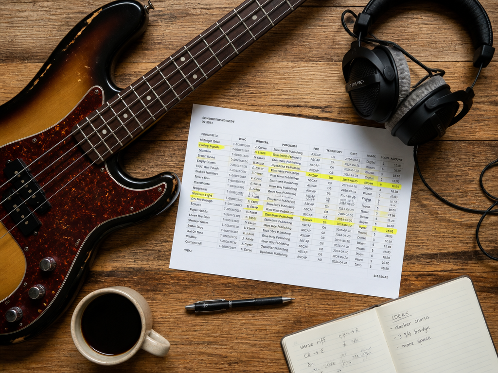 An overhead flat-lay photograph of a wooden studio table featuring a bass guitar laid…