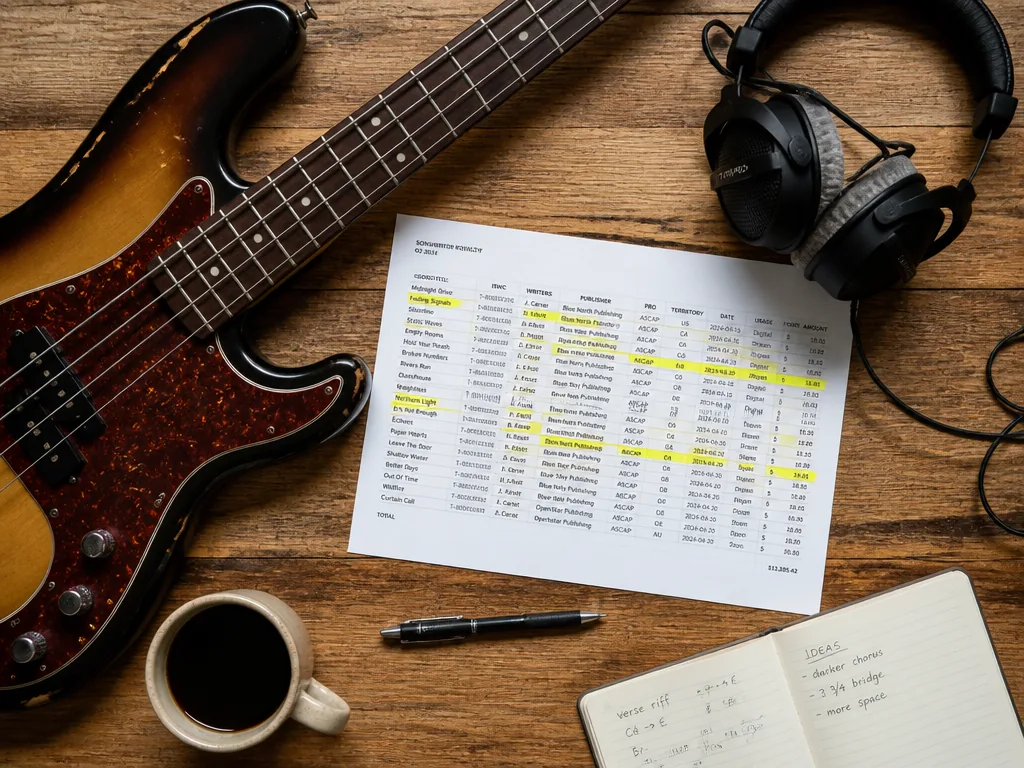 An overhead flat-lay photograph of a wooden studio table featuring a bass guitar laid…