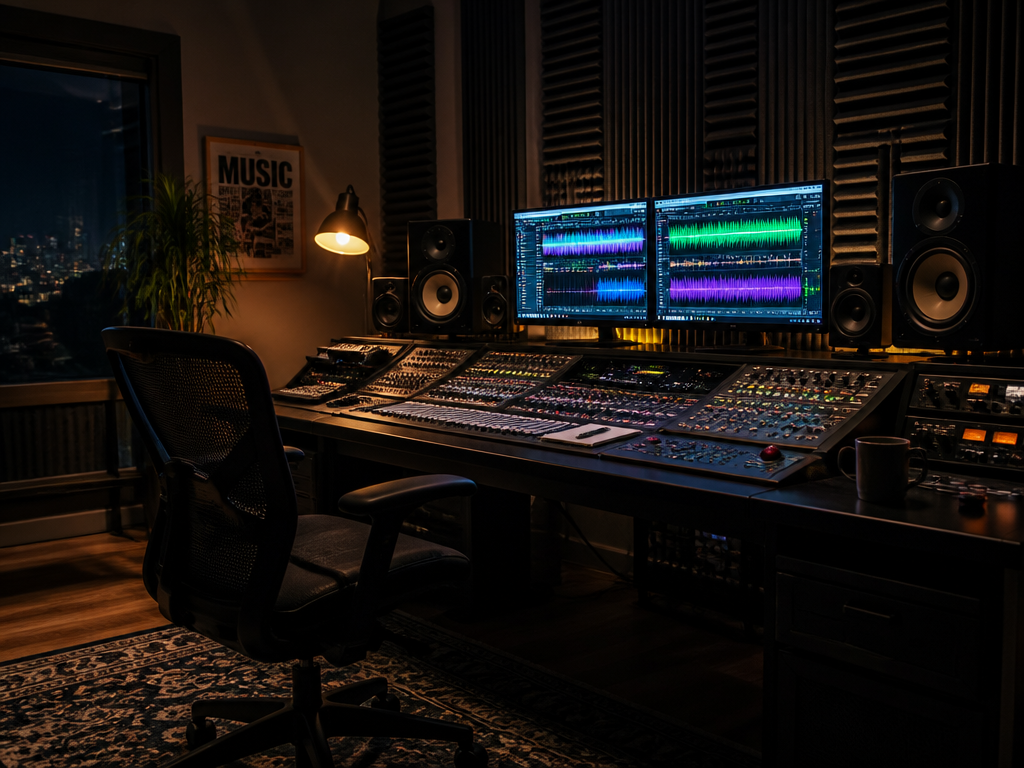 A dimly lit professional music production studio at night, viewed in a wide composition…