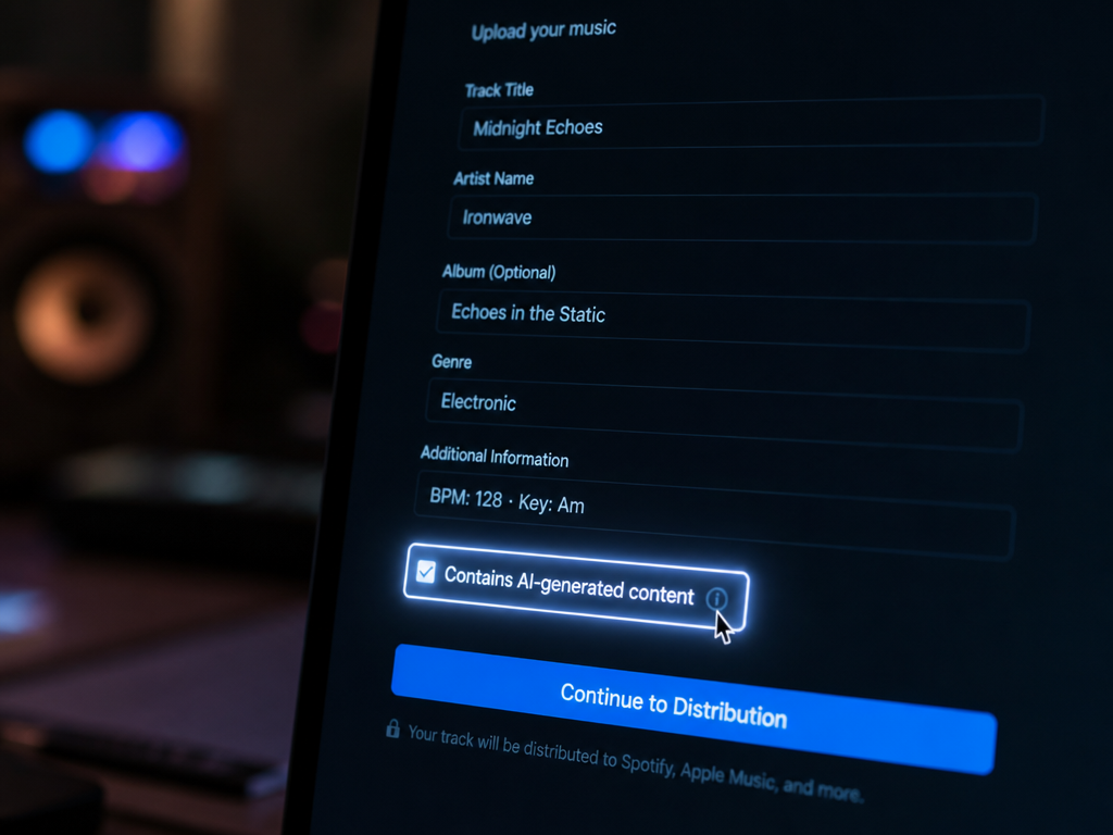 Close-up macro photograph of a computer screen displaying a music distribution upload form, with…