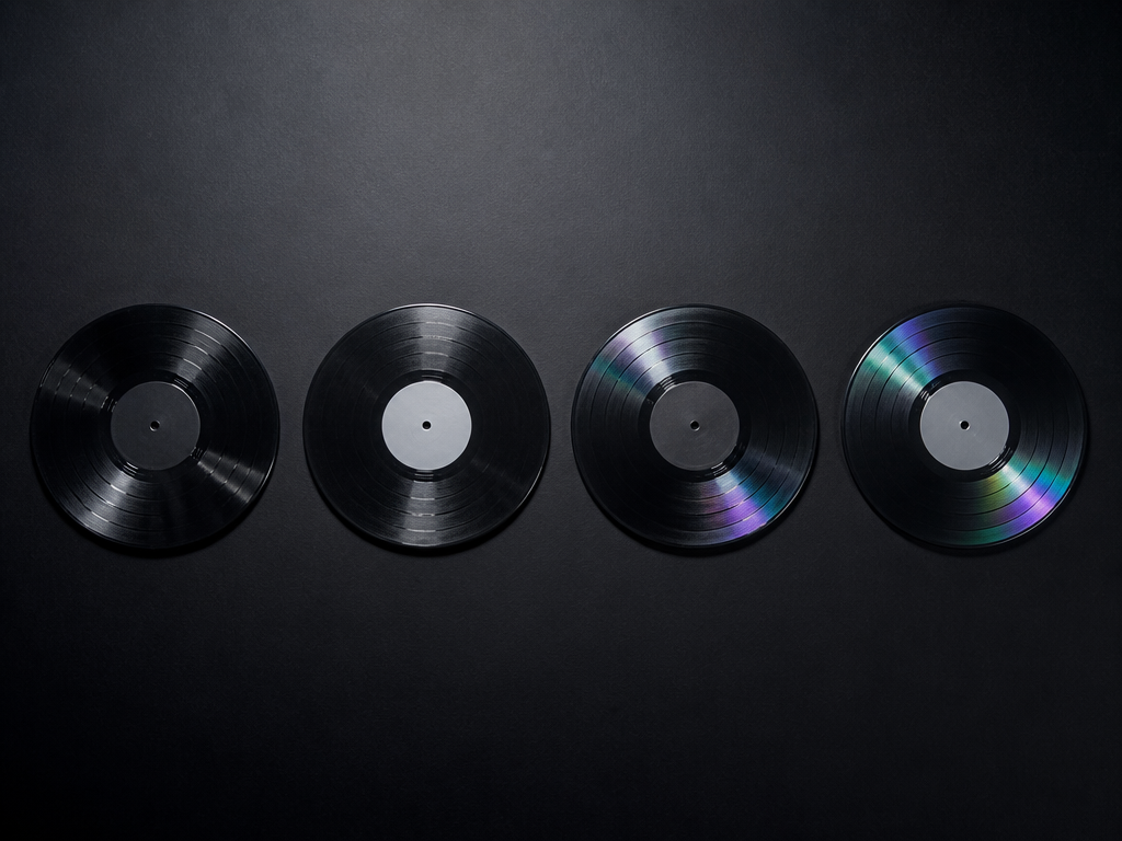 A conceptual photorealistic still life of four vinyl records arranged in a row on…