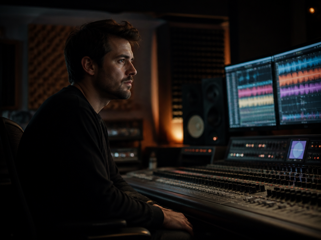A moody photorealistic portrait of a music producer seated at a mixing console in…