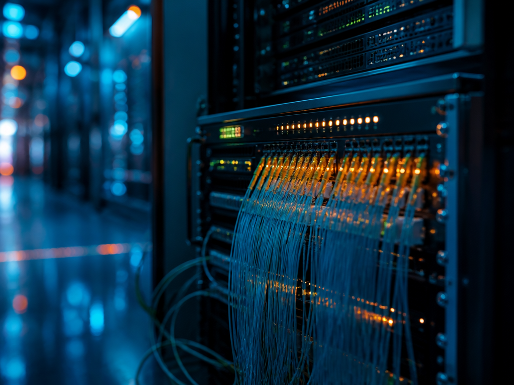 A macro photorealistic photograph of a glowing server rack in a dim data center…