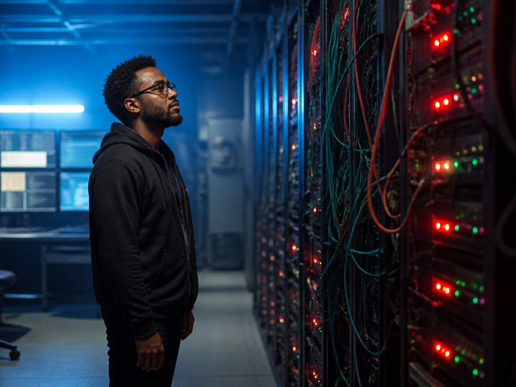 A wide environmental portrait of a music distribution engineer standing in a dim server…