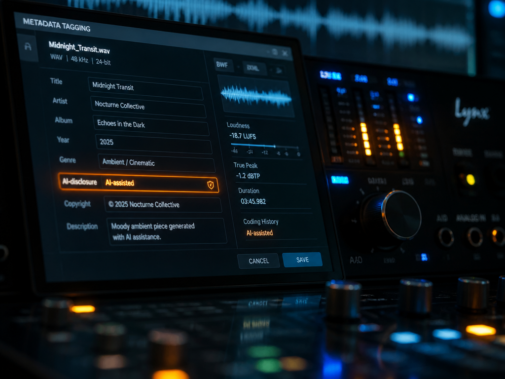 A close-up macro photograph of a modern recording studio audio interface and metadata tagging…