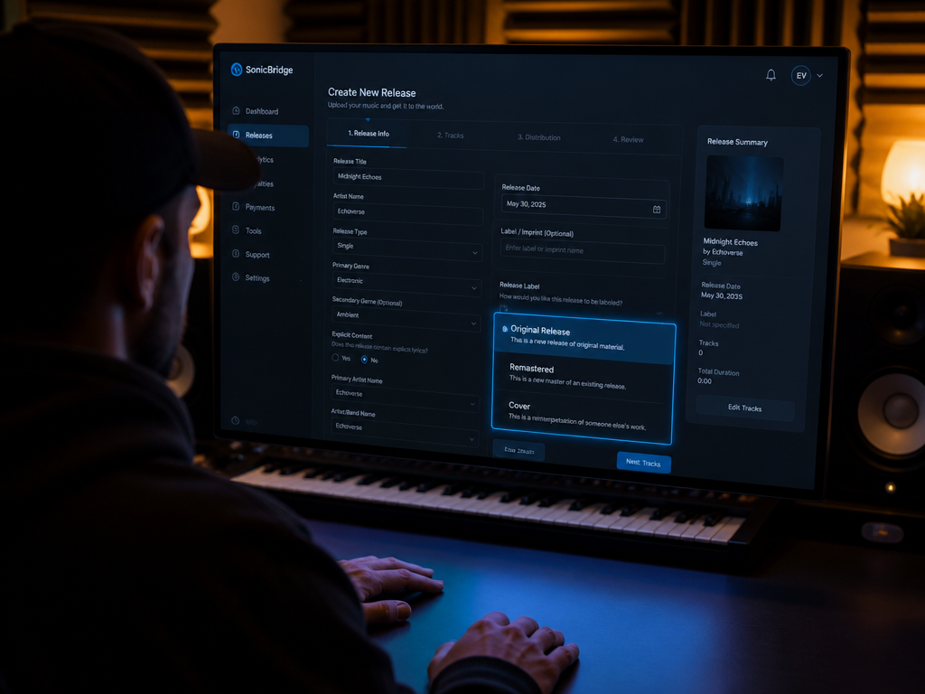 Close-up over-the-shoulder photograph of a music producer seated at a modern studio desk facing…