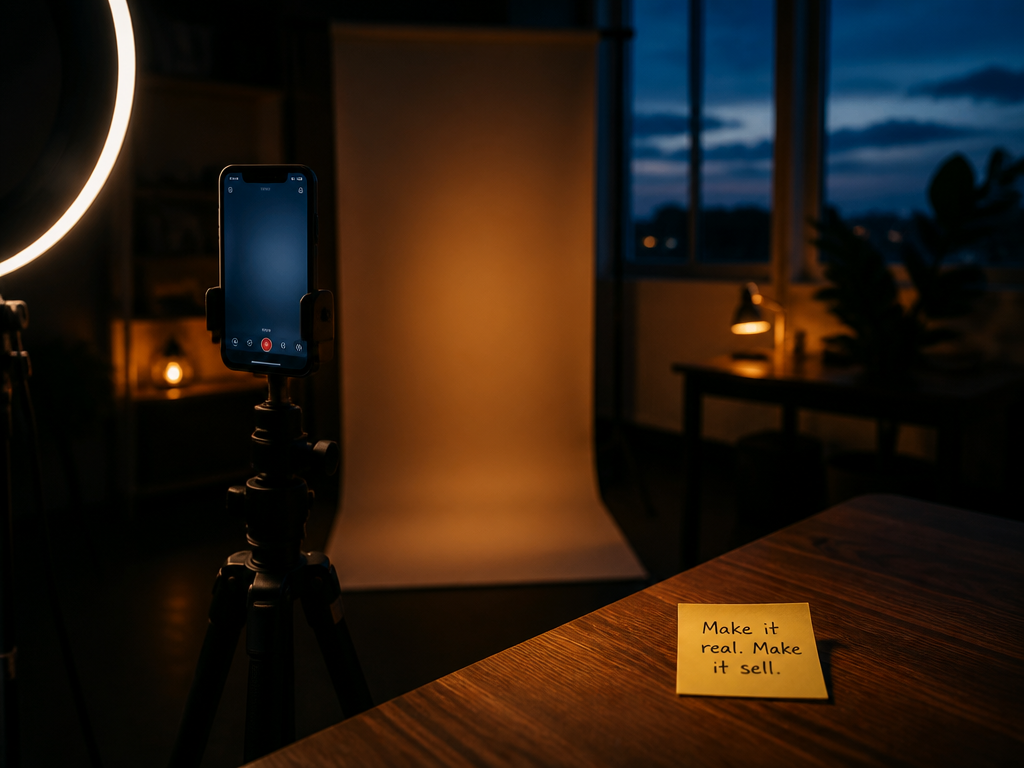 A dimly lit content creator's home studio at dusk, ring light glowing at the…