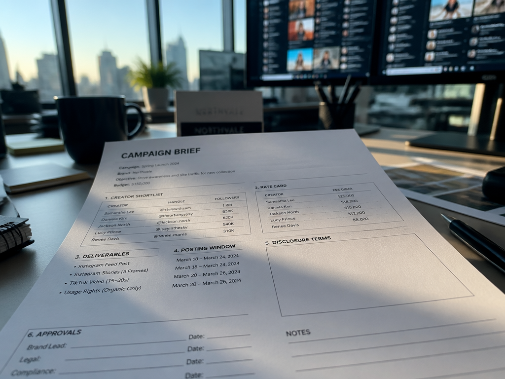 A close-up over-the-shoulder view of a modern marketing office desk where a printed campaign…