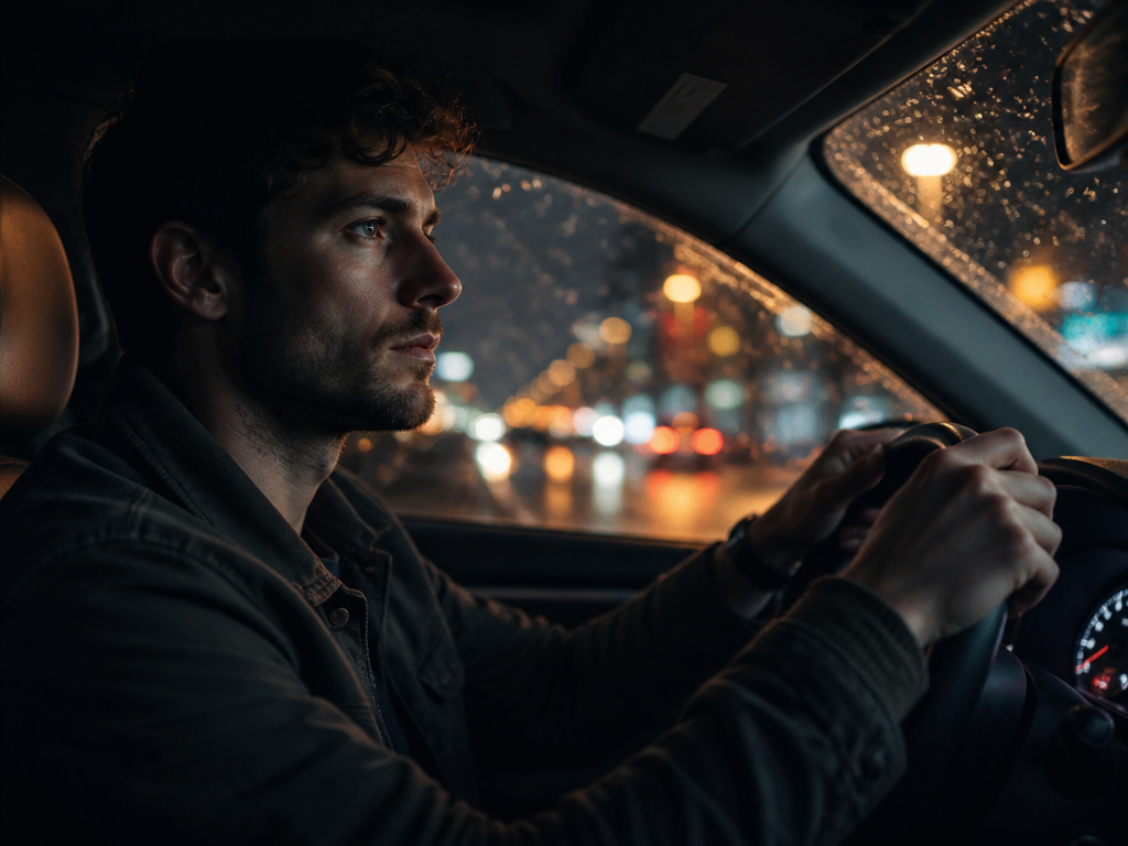 A close-up interior shot of a person seated in the driver's seat of a…