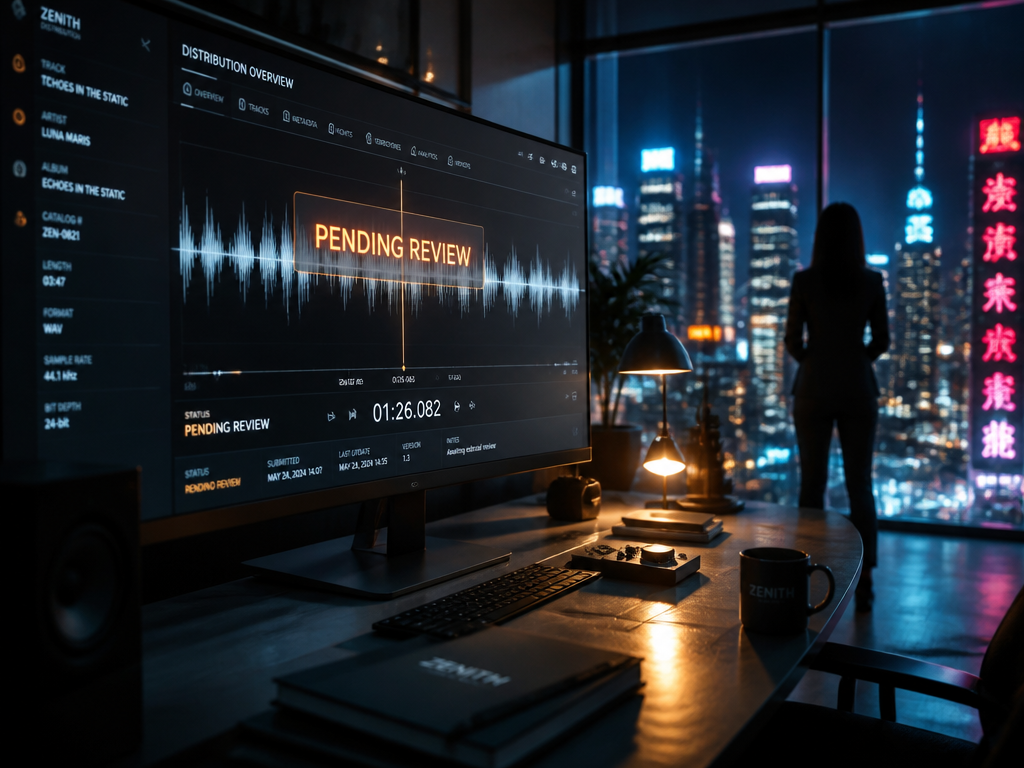 A sleek modern music distribution office at dusk, viewed through a wide-angle lens with…