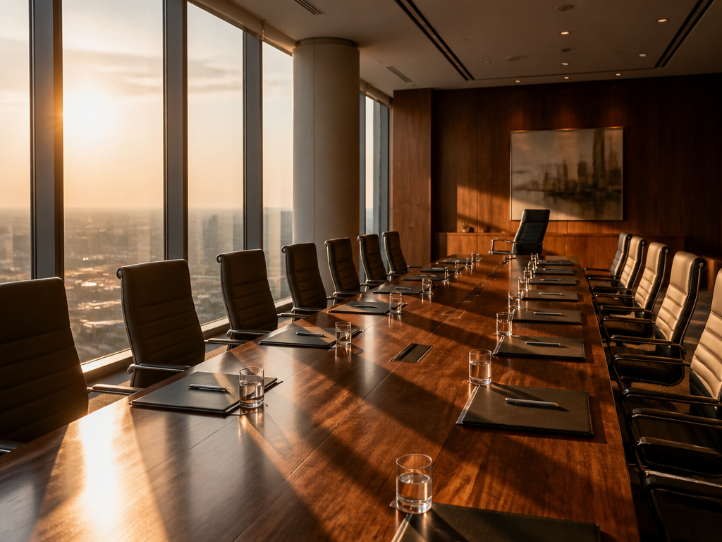 A wide photorealistic photograph of an empty modern boardroom bathed in dramatic late-afternoon light…