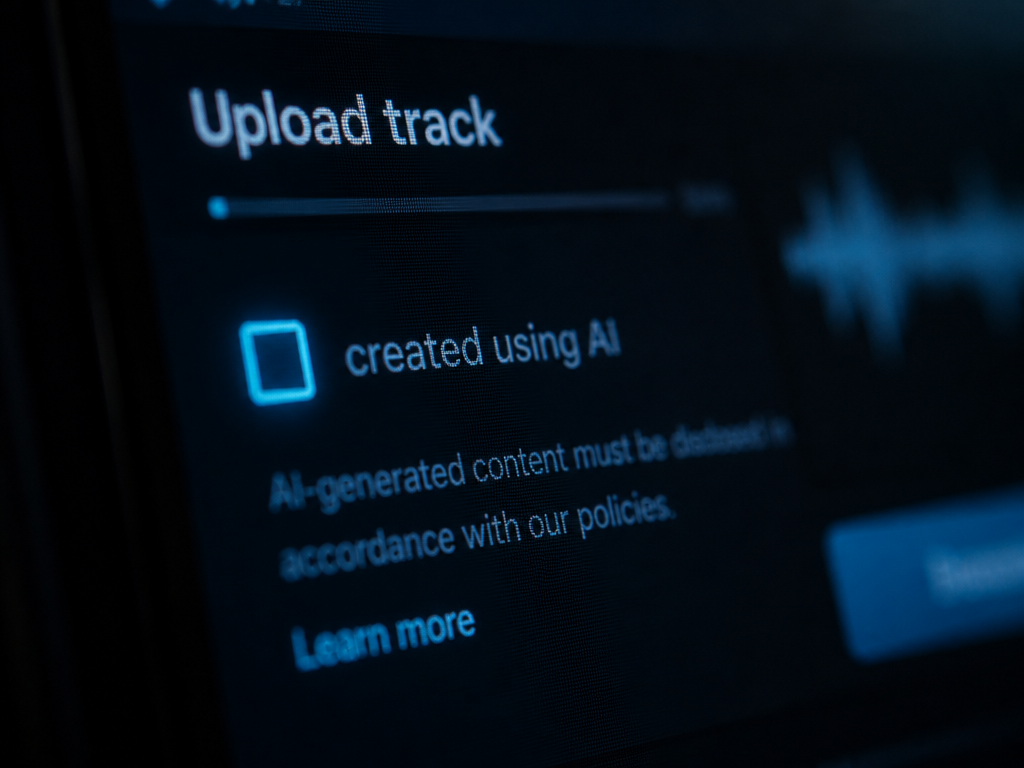 A close-up photorealistic macro shot of a computer screen displaying a music upload interface…