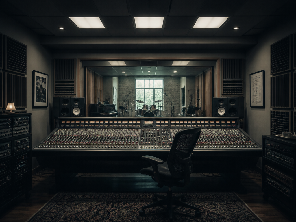 A wide editorial shot of an empty modern recording studio control room, an unoccupied…