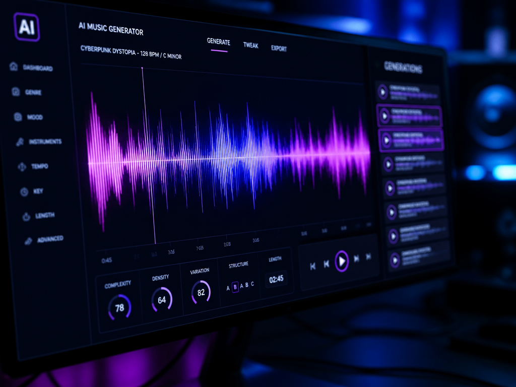 A close-up macro photograph of a glowing computer screen displaying an audio waveform and…