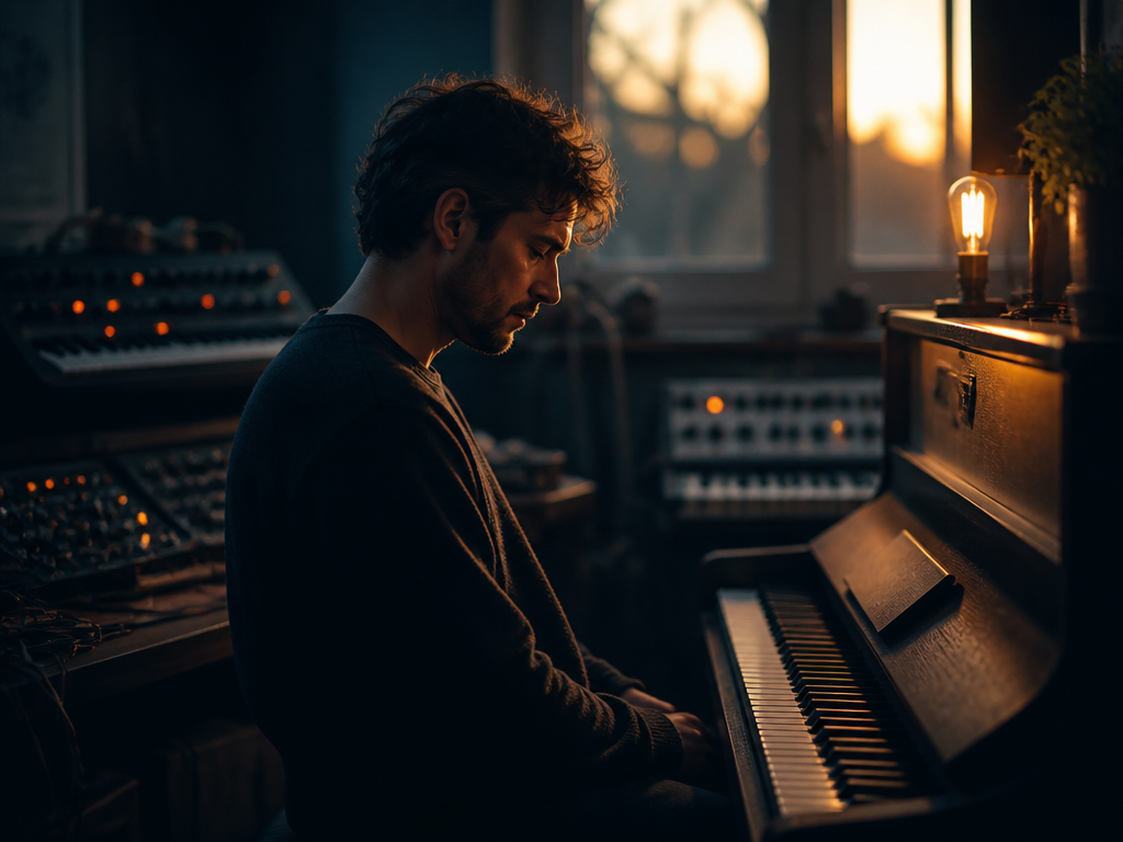 A solitary musician sits at a vintage upright piano in a dimly lit home…