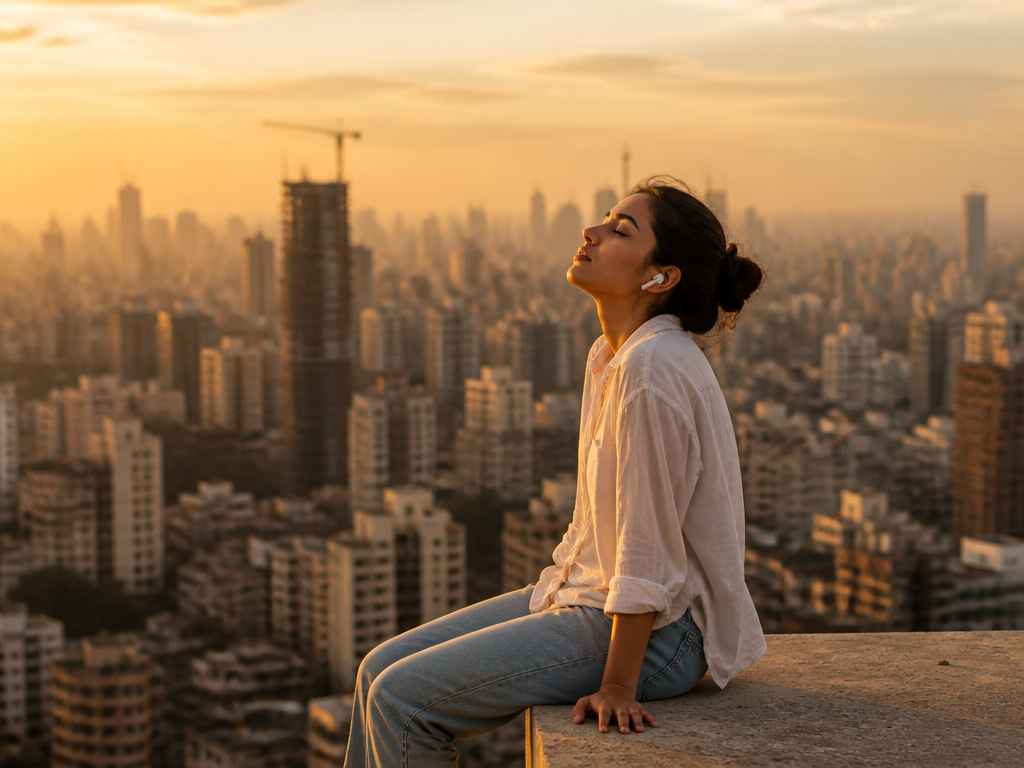 A young woman in her early twenties sitting alone on the edge of a…